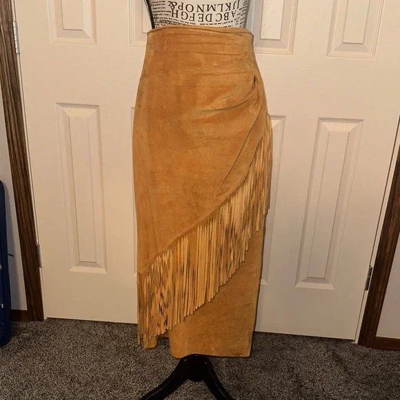 Vintage Suede Fringe Mustard Skirt - Picture 1 of 6